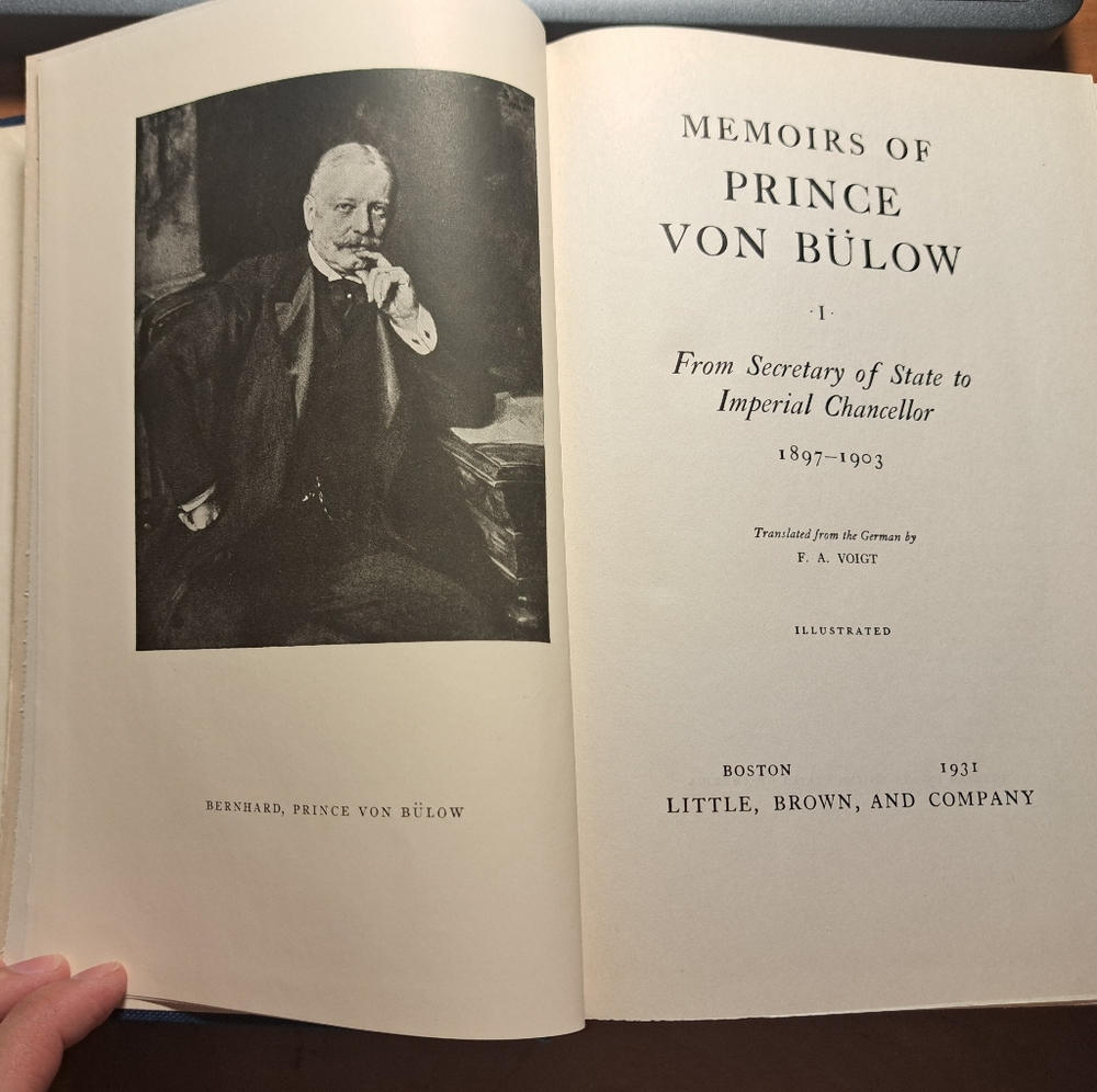 Vintage! Memoirs of Prince Von Bülow, 1931 Hardcover Book, Volume I